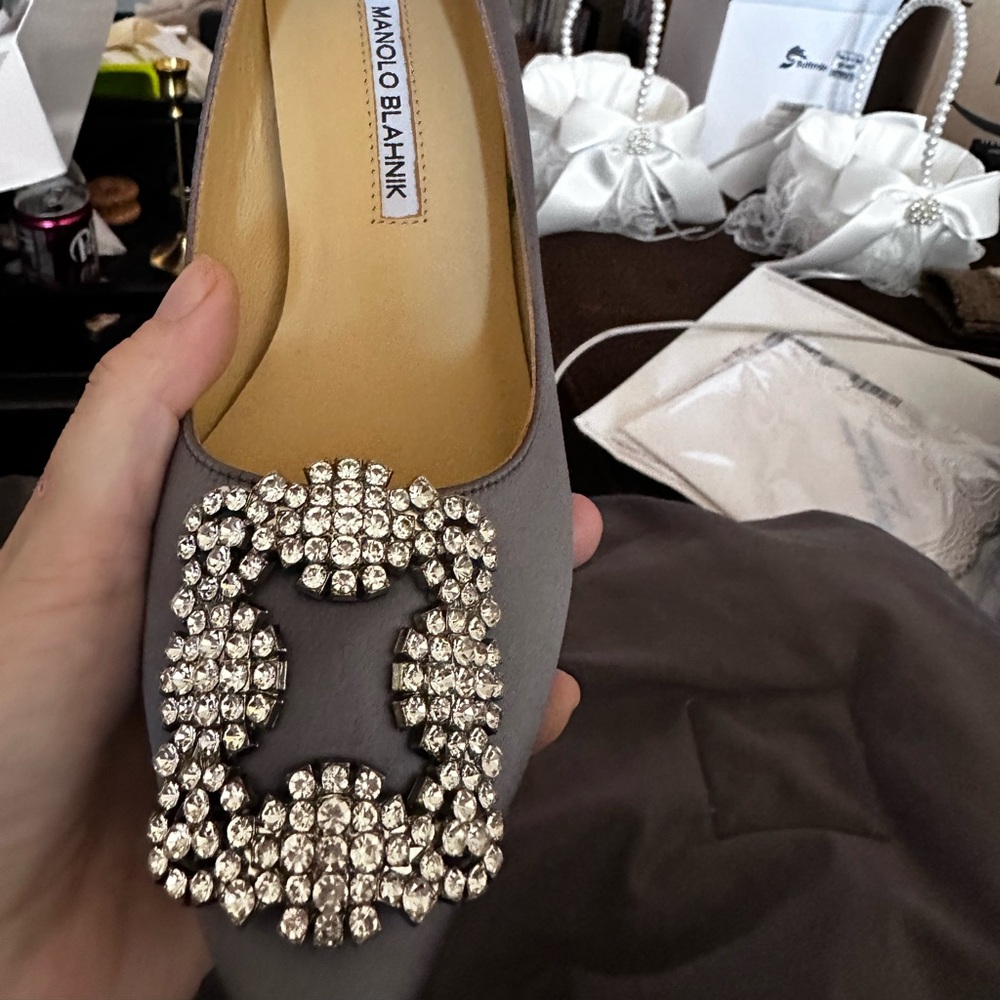 Manolo Blahnik Silver Heels with Embellished Buckle